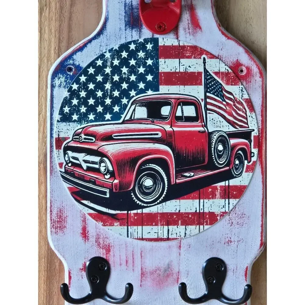 Red Pickup Wall Mount Plaque, Rustic Vintage, Solid Wood, Bottle Opener, Hooks